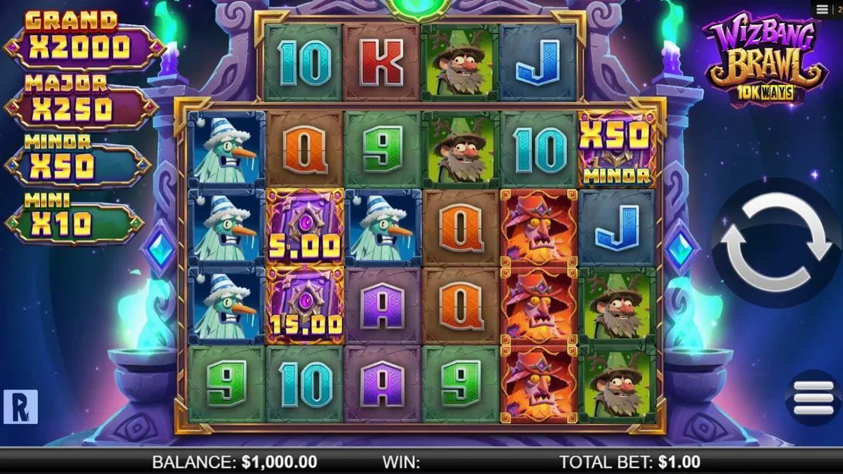 Tampilan antarmuka permainan slot Wizbang Brawl 10K Ways dengan tema penyihir dan elemen arcade.
