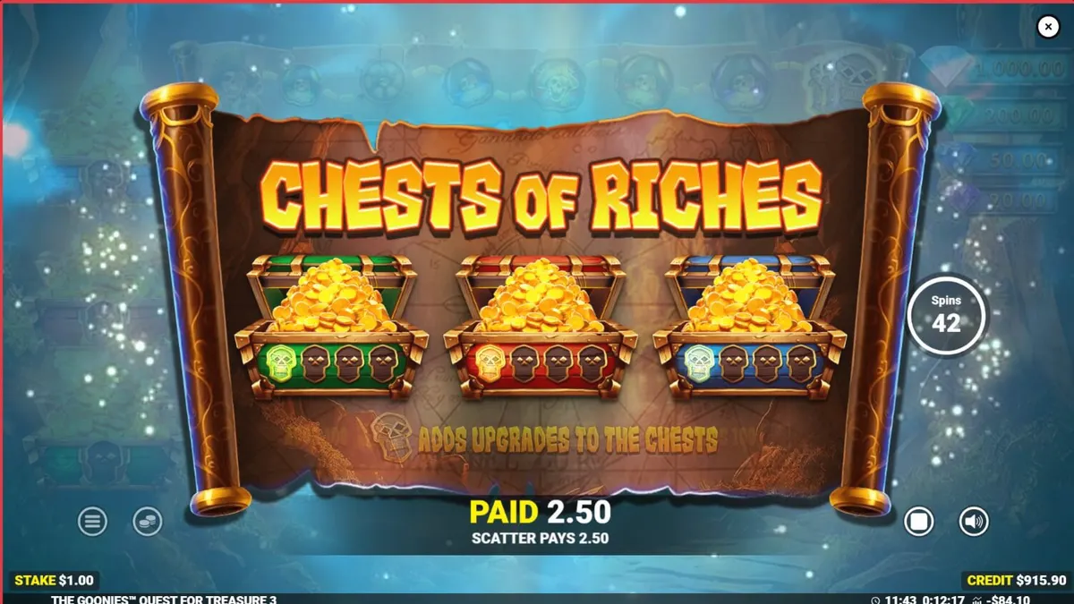 Tampilan visual slot The Goonies Quest for Treasure 3 dengan elemen petualangan bajak laut.